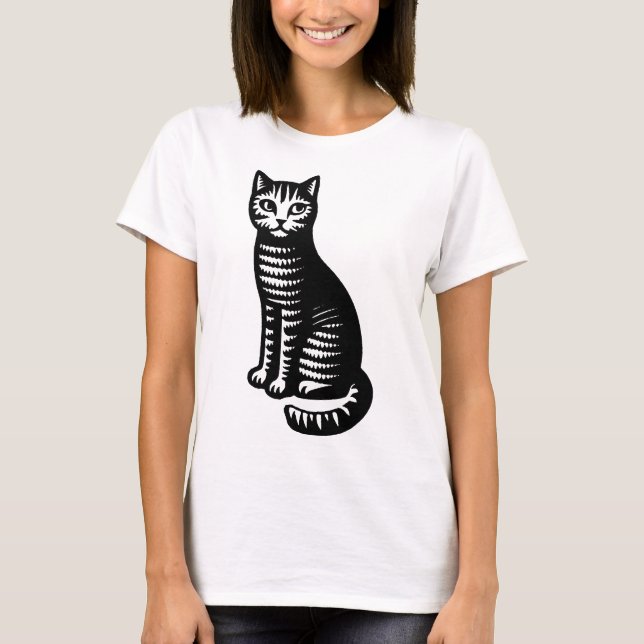 Lekfull katt i träsnittsstil t shirt (Framsida)