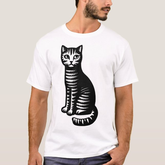 Lekfull katt i träsnittsstil t shirt (Framsida)