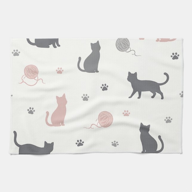 Lekfull katt- och garnsilhuettmönster kökshandduk (Horisontell)