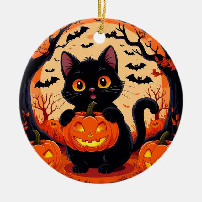 🌕🎃 Lekfull katt & pumpa i månljus Halloween ✨🐾 Julgransprydnad Keramik (Framsidan)