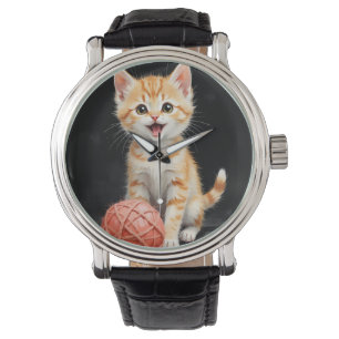 Lekfull Katten Ungdom med Garn Vattenfärgstryck Armbandsur