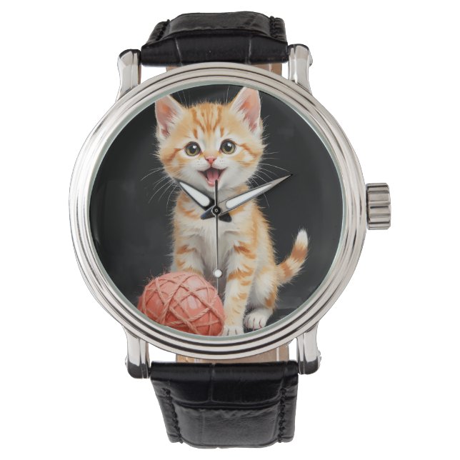 Lekfull Katten Ungdom med Garn Vattenfärgstryck Armbandsur (Framsida)
