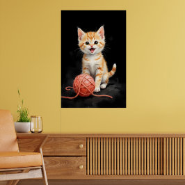 Lekfull Katten Ungkatt med Garn Vattenfärgstryck Poster