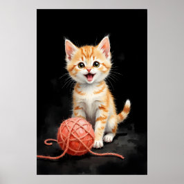 Lekfull Katten Ungkatt med Garn Vattenfärgstryck Poster