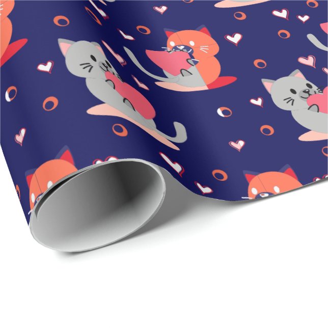 Lekfull kattinpackningspapper – Marinblå hjärtan Presentpapper (Rullad Hörn)
