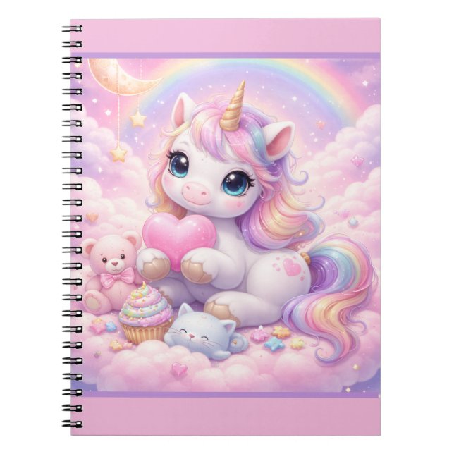 Lekfull Kawaii Enhörning & Vänner Pastell Moln Anteckningsbok (Framsidan)