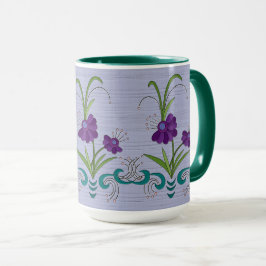 Lekfull lila blomma med fallande turkosa virvlar mugg