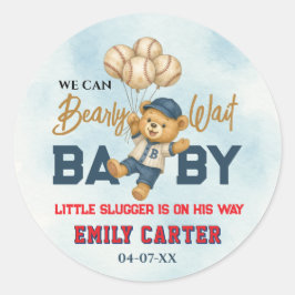 Lekfull liten slagman Blå baseboll baby shower Runt Klistermärke