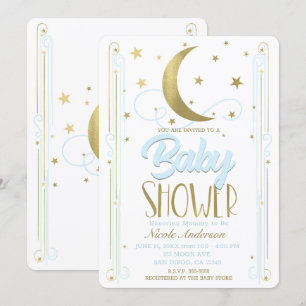 Lekfull ljusblå och guldmåne stjärnor baby shower inbjudningar