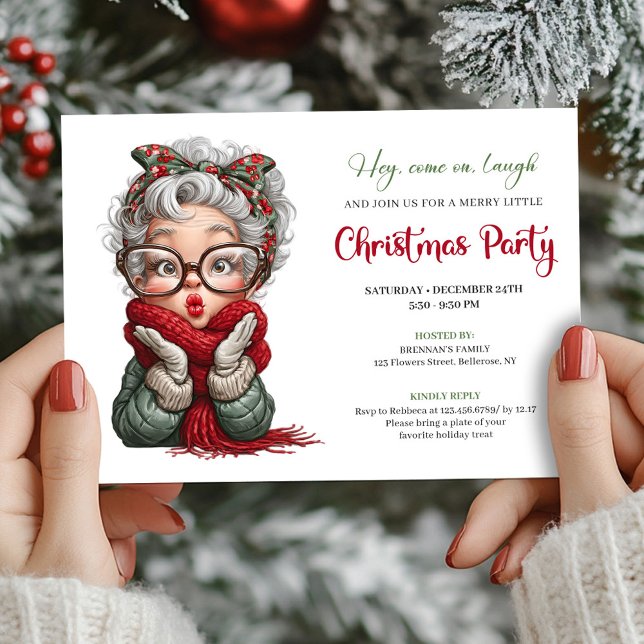 Lekfull Mormor Jul Tecknad Firande Inbjudan (Playful Grandma Xmas Cartoon Celebration Invite)