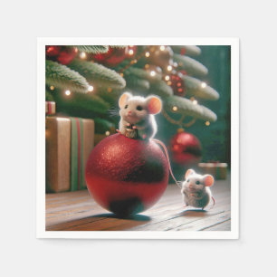 Lekfull mus på röd julgransprydnad pappersservett