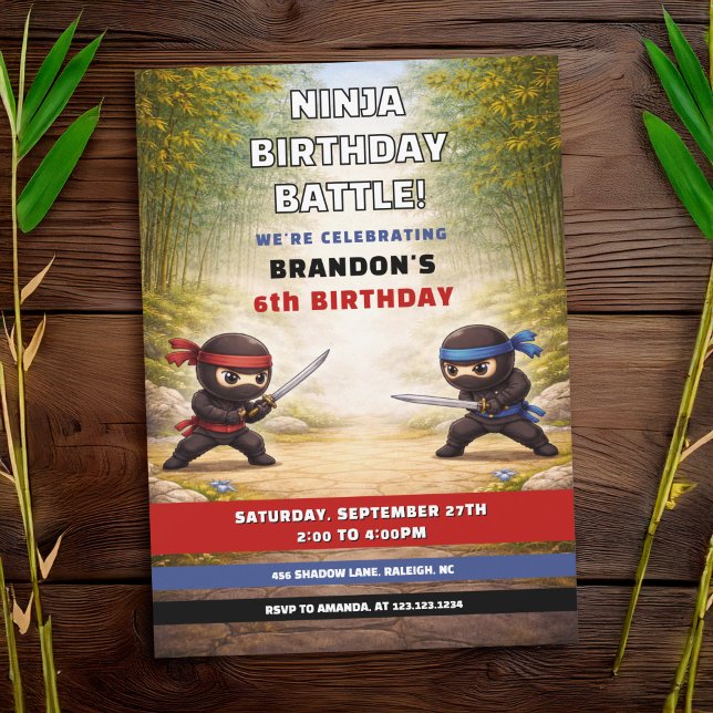 Lekfull Ninja Strid Bambu Skog Barnkalas Inbjudningar (Skapare uppladdad)