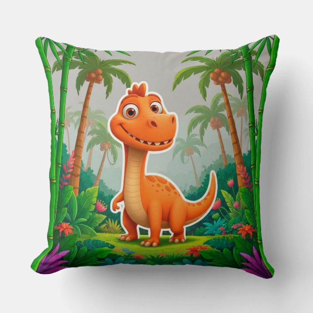 Lekfull orange dinosaur i frodig djungelmiljö kudde (Framsida)