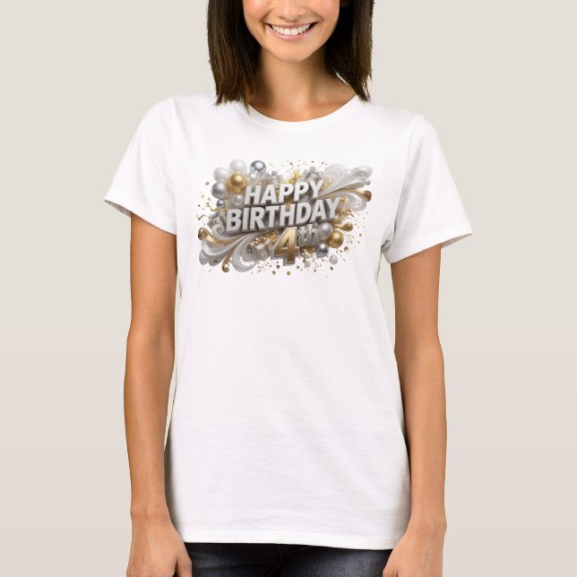 Lekfull Orange GLAD FÖDELSEDAG 4:e Utsaga T-shirt (Framsida)