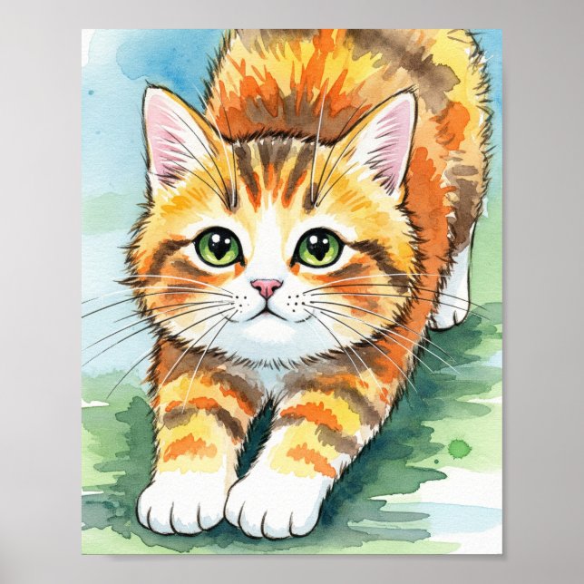 Lekfull Orange Tabby Kattunge Vattenfärg Konst Aff Poster (Framsidan)