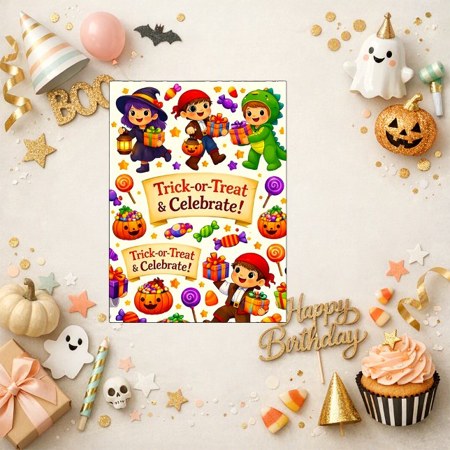 Lekfull Orange Tecknad Halloween Födelsedag Kort (Skapare uppladdad)