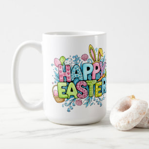 Lekfull påskkonst med kaninöron och blommor kaffemugg