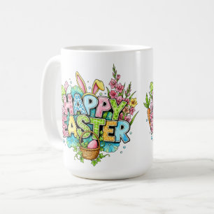 Lekfull påskkonst med kaninöron och blommor kaffemugg