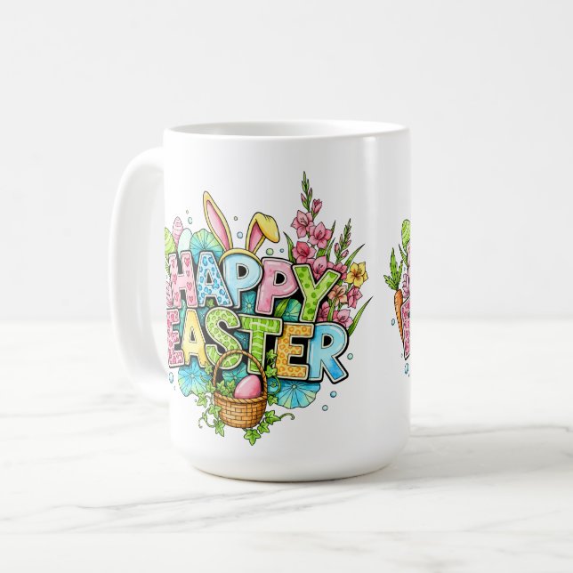 Lekfull påskkonst med kaninöron och blommor kaffemugg (Framsida vänster)