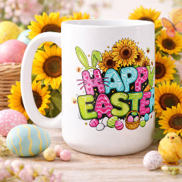Lekfull påskkonst med kaninöron och blommor kaffemugg