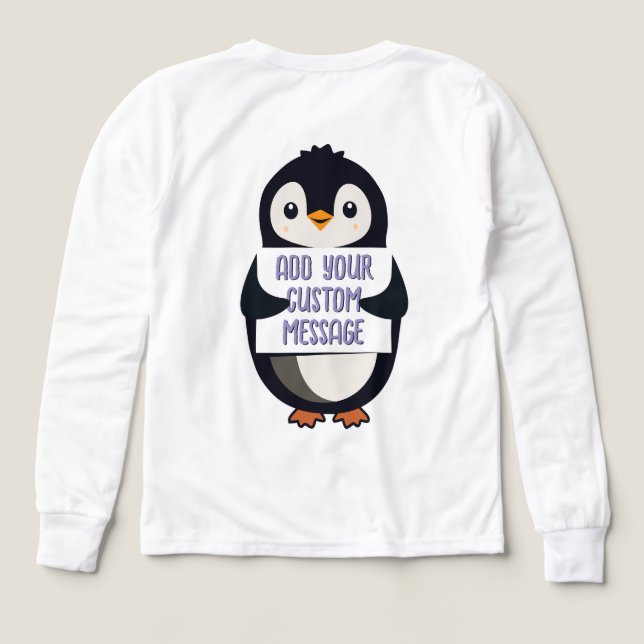 Lekfull pingvin med en skylt för ditt meddelande t shirt (Design baksida)