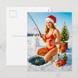 Lekfull pinup-flicka fiskar i röd bikini helg vykort