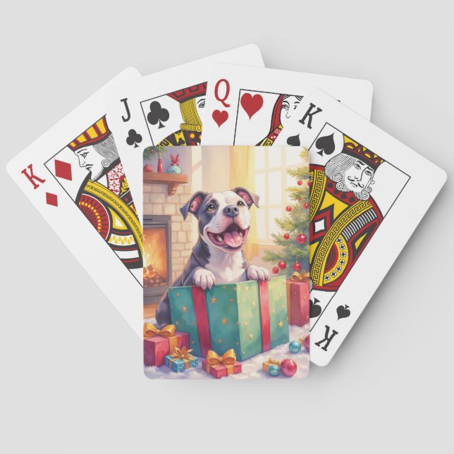 Lekfull Pitbull öppnar julklappar Högtid Casinokort (Baksidan)