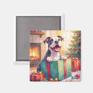 Lekfull Pitbull öppnar julklappar Holiday Magnet