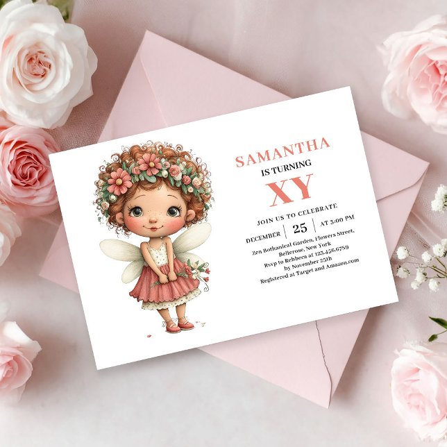Lekfull rättvis födelsedagsinbjudan med blommor oc inbjudningar (Whimsical Fairy Girl Birthday Blush Floral invitation)