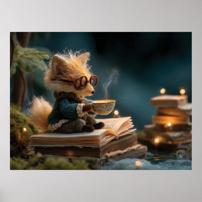 Lekfull räv läser bok och dricker te poster (Framsidan)