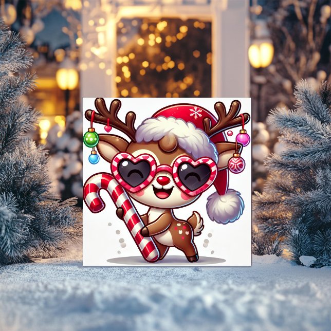 Lekfull ren med festglögon och ornament julkort (Skapare uppladdad)