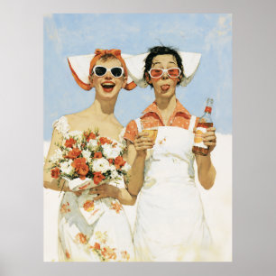 Lekfull Retro Brudtärna Firande Illustration Poster