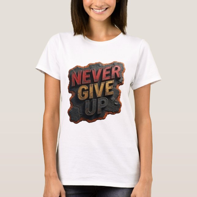 Lekfull röd ALDRIG GE UPP Slogan T-shirt (Framsida)
