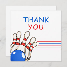 Lekfull röd och blå bowling-inspirerad 6-årsfest tack kort
