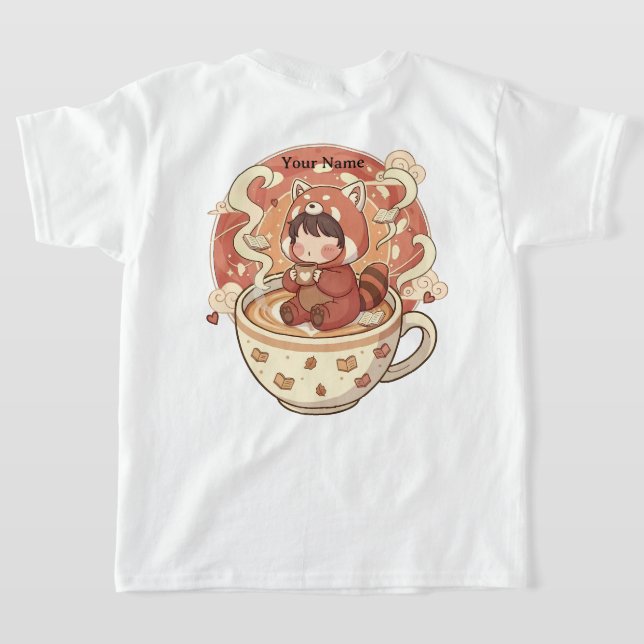 Lekfull röd panda kaffe barn t-shirt (Laydown Baksida)