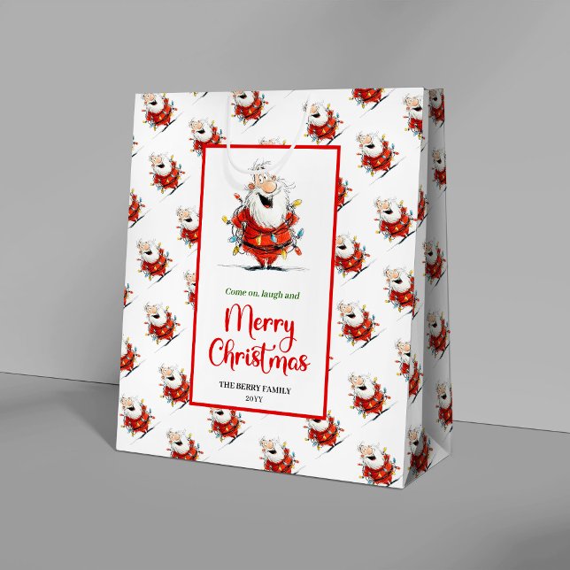 Lekfull rolig jul tomte konstnärlig röd grön prese (Playful funny Santa artistic red green gift bag)