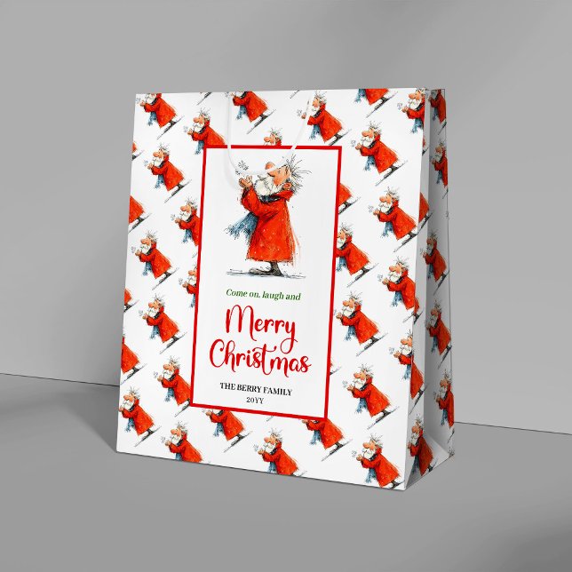 Lekfull rolig jul tomte modern vattenfärg jul  (Playful funny Santa modern watercolor Christmas Medium Gift Bag)