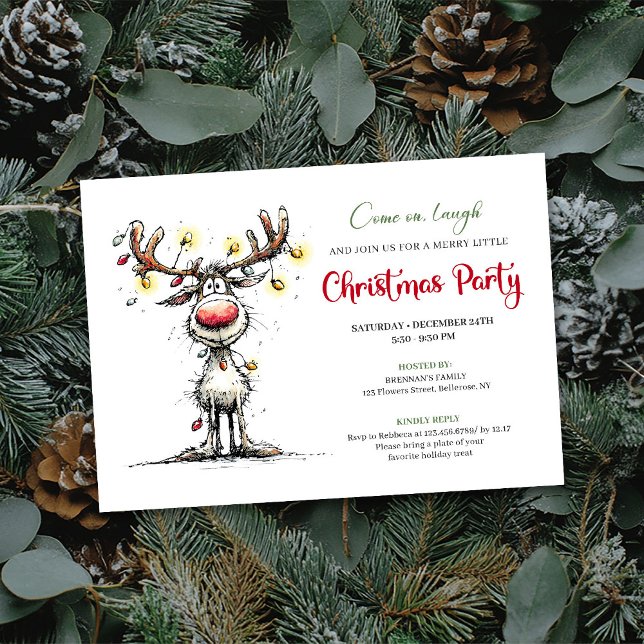 Lekfull rolig ren julfest inbjudan (Playful funny reindeer Christmas party invite

)