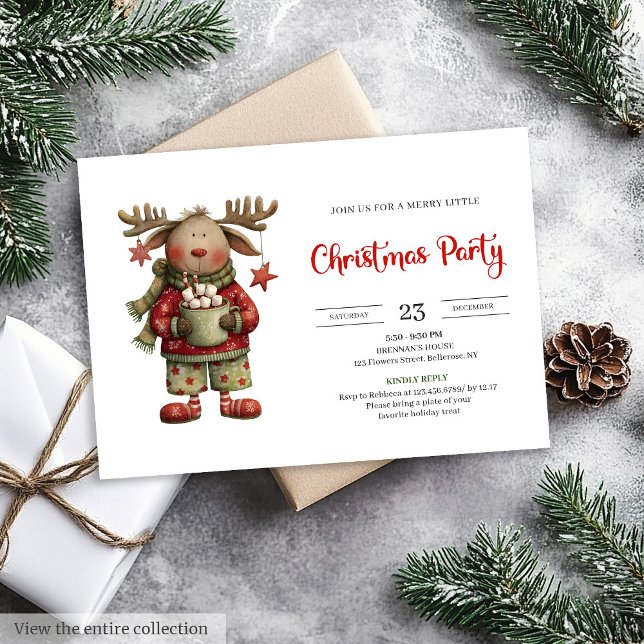 Lekfull rolig ren vattendesign julinbjudan inbjudningar (Playful Funny Reindeer watercolor holiday invite)