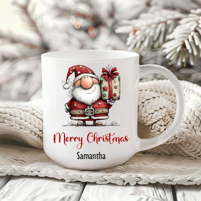 Lekfull Rolig Tomte Tecknad Jul Kaffe Mugg (Playful Funny Santa Cartoon Christmas Coffee Mug)