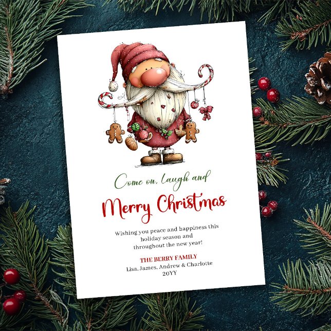 Lekfull Rolig Tomte Vattenfärg Röd Grön Hälsning  Julkort (Playful Funny Santa Watercolor Red Green Greeting Card)