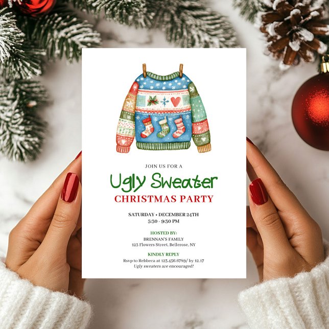 Lekfull Rollig Fjulig Jultröja Julinbjudan Inbjudningar (Playful Funny Ugly Sweater Xmas Invite)