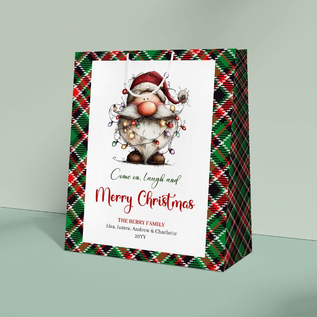 Lekfull Rollig Tomte Vattenfärg Röd Grön Presentpå (Funny quirky santa claus laugh,
simple classic red green watercolor,
Merry Christmas gift bag  )