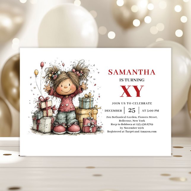 Lekfull Rollig Whimsy Flickas Födelsedagsinbjudan Inbjudningar (Playful Funny Whimsy Girl Birthday invitation)