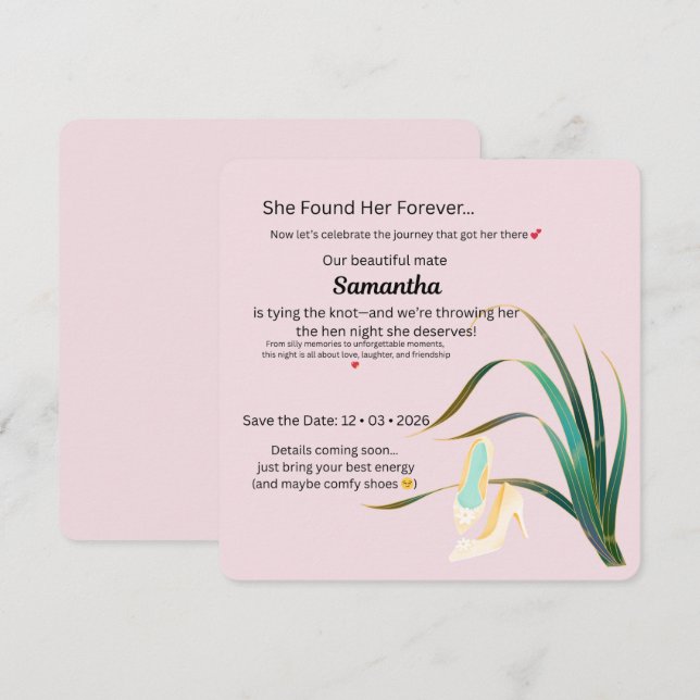 Lekfull rosa hönsnattinbjudan – Elegant sko & Inbjudningar (Fram/baksida)