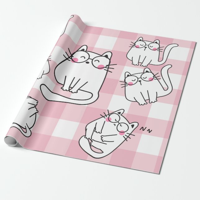 Lekfull Rosa Katt Illustration Presentpapper (Utrullad)