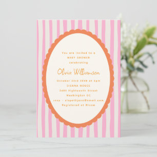 Lekfull rosa orange randig scallop baby shower inbjudningar