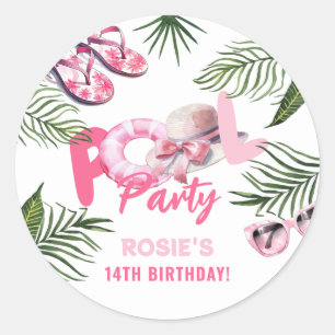 Lekfull Rosa Poolparty Flicktema Birthday Runt Klistermärke