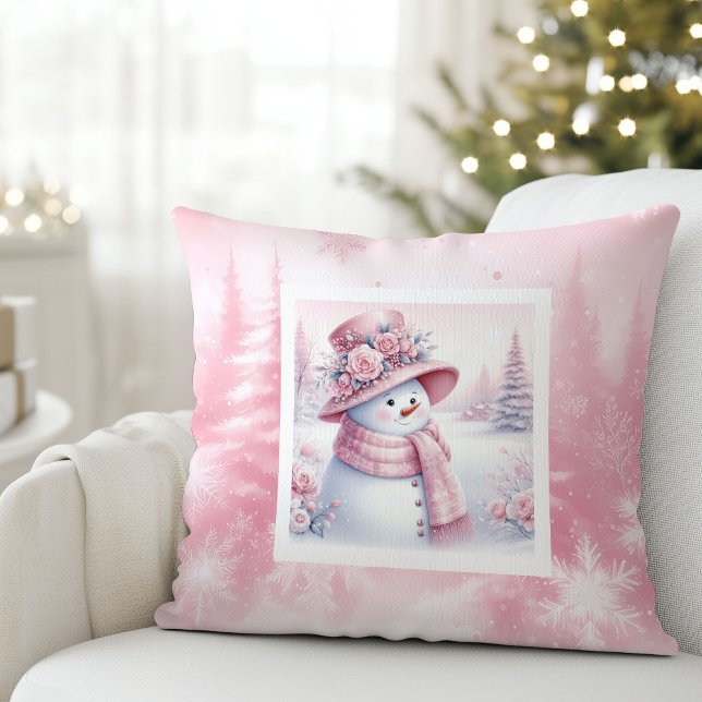 Lekfull rosa snömannen kuddfodral vinterlook kudde (Playful Pink Snowman Pillow Cozy Winter Look)