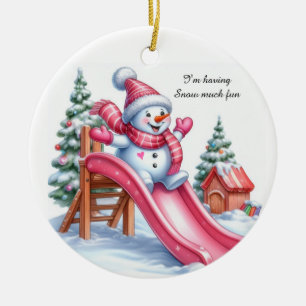 Lekfull rosa snömannen lekplats kul julgransprydnad keramik